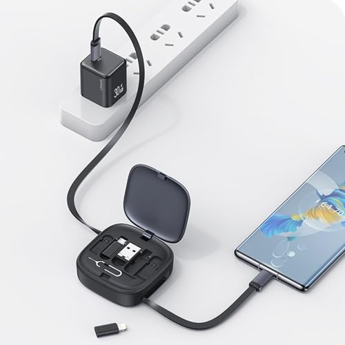Retractable Charging Cable with Organizer | 60W Fast Charging USB-C to Type-C/Lightning/Android/USB | SIM Ejector & Phone Stand for iPhone 16/15, MacBook, Samsung, Huawei​ Silver – Enhanced Compatibility and Speed