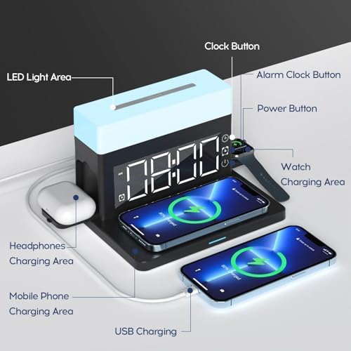 Ultimate 6-in-1 Wireless Charging Station with Digital Alarm Clock and Adjustable LED Night Light – 15 W Fast Charger for i Phone 16/15/14/13/12/11, Samsung Galaxy, Air Pods & Apple Watch Compatibility – Stylish Multi-Device Charging Hub with Cable Management, 13 LED Modes, and Enhanced Safety Features for Home, Office, and Travel Use