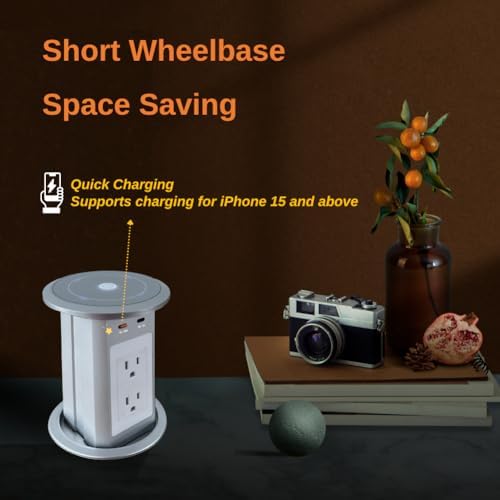 ZESHAN Sleek Pop-Up Power Outlet with 15 W Wireless Charging Station – Dual US Outlets, USB A & USB C PD Fast Charging Ports for Effortless Connectivity at Home or Office – Ideal for Conference Tables and Kitchen Counters, Modern Black Finish