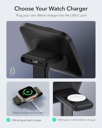 Ultimate ESR 2-in-1 Mag Safe Charging Station for Apple Devices – Fast Wireless Charger Stand for i Phone 16/15/14/13/12, Apple Watch, & Air Pods – Sleek Black Design for Dual Device Convenience and Enhanced Speed