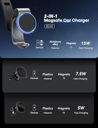 Mag Safe Dual-Function Car Charger & Mount – 18 W Aluminum Alloy Wireless Charging Station with 42.5 W Power Adapter for i Phone 15/14/13/12 & Apple Watch – Effortless Magnetic Hold for Enhanced Road Safety and Convenience