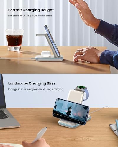GEEKERA 3-in-1 Foldable Wireless Charging Station for Apple Devices – Fast Charge Your i Phone 16/15/14/13/12/11 Pro Max, Apple Watch Ultra/10/9/SE/8/7/6/5 & Air Pods Pro/4/3/2 with Travel-Friendly Design – Ultimate Multi-Device Charging Solution for Home & On-the-Go Efficiency