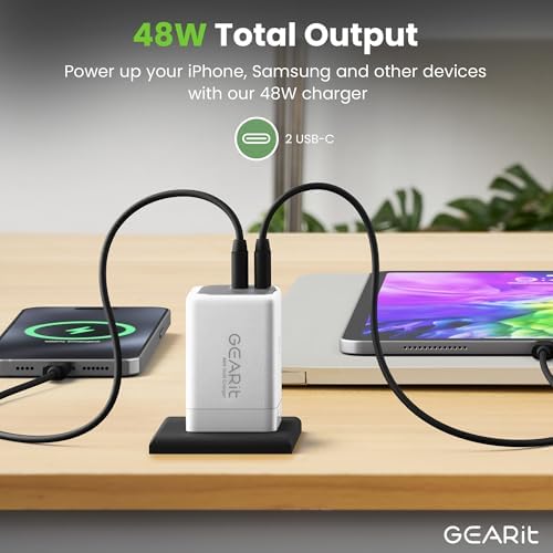 Elevate Your Charging Game with the GEARit 48 W Dual-Port USB C Fast Charger – Cutting-Edge Ga N Technology for Rapid Power Delivery to Apple, Samsung, i Phone, i Pad, and Google Pixel – Compact and Lightweight Design for Ultimate Portability – Power Up Two Devices Simultaneously with Advanced PD 3.0 and PPS Features for Unmatched Efficiency and Reliability – Perfect for Travelers and Tech Enthusiasts Seeking Superior Charging Solutions.