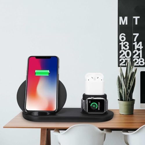 All-in-One 3 in 1 Wireless Charging Station for Samsung Galaxy & Apple i Phones – 7.5 W Fast Charging Dock for Phones, Smartwatches, and Air Pods – Eco-Friendly Design with Enhanced Safety Features – Sleek Black Finish for Modern Spaces