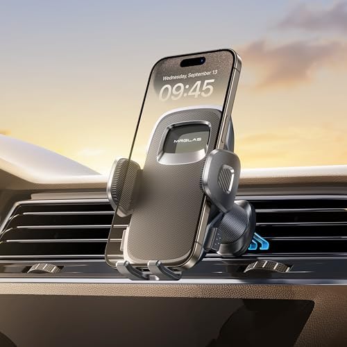 Universal Smartphone Air Vent Car Mount with Dual Metal Hook for Secure One-Hand Use – Sleek Black Design for i Phone & Android Devices, Effortless Navigation & 360-Degree Rotation, Essential Driving Accessory for Safety and Convenience