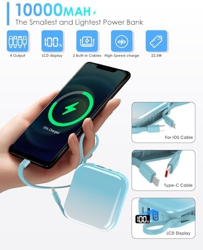 Ultra-Compact 10,000 m Ah Portable Power Bank – 22.5 W Fast Charging with Built-in i OS & USB-C Cables, Sleek LED Display, Lightweight Travel Charger for i Phone, Samsung & Android Devices – Stylish Purple Design for Modern Users