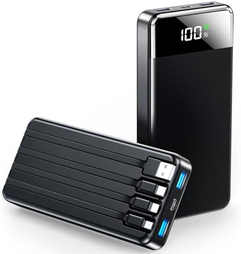 SABANI 35000 m Ah Power Bank – All-in-One Portable Charger with 4 Integrated Cables, 22.5 W Fast Charging for i Phone 16/15/14/13 & Samsung Android Devices – Ultimate On-the-Go Battery Solution in Sleek Black Design for Seamless Connectivity and Reliability