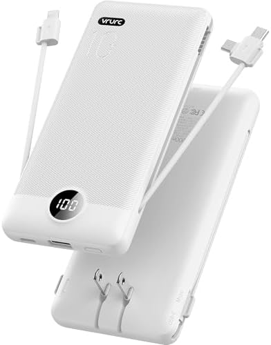 VRURC 10,000 m Ah USB C Power Bank with Built-in Cables & AC Wall Plug – Compact Lightweight Travel Charger for Smartphones & Tablets – Ultimate Convenience & Enhanced Charging Speed