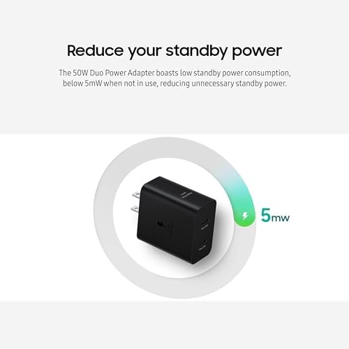 SAMSUNG 50 W Dual Port Wall Charger with USB Type-C Cable – Super Fast Charging 2.0 for Galaxy Devices – Energy Efficient Power Adapter with Low Standby Consumption – Sleek Black Design for Ultimate Versatility and Modern Aesthetics