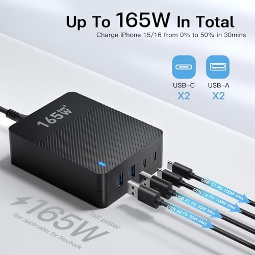 High-Efficiency 165 W Ga N USB-C Multi-Device Charging Hub with Dual Type C Ports – Ultimate Fast Charger for i Phone, i Pad, Google Pixel, and Samsung Galaxy – Compact 4-Port Power Station for Seamless Charging Experience at Home, Office, or On-the-Go