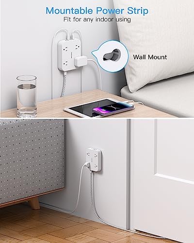 HANYCONY 10 Ft Ultra Thin Flat Extension Cord with 4 AC Outlets & 4 USB Ports (2 USB-C) – Wall-Mountable Power Strip & Desk Charging Station for Seamless Office, Dorm, and Travel Connectivity – Superior Surge Protection & Space-Saving Design