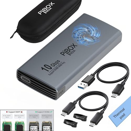High-Speed Pibox India NVMe M2 Enclosure with Fan – USB 3.2 10 Gbps Tool-Free SSD Adapter for 2230/2242/2260/2280 M & B&M Keys – PCI-E NVMe Reader with Enhanced RTL9210 Performance and Heat Dissipation Solutions