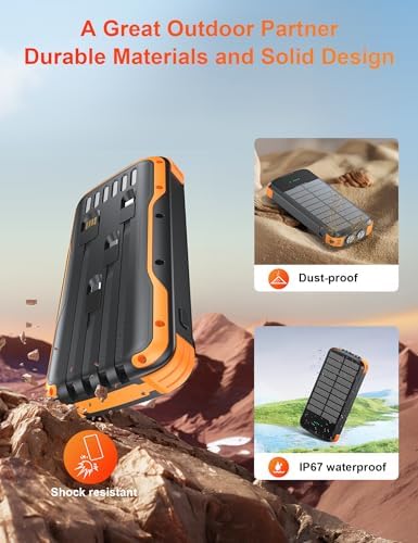 Ultimate 40000 m Ah Solar Power Bank with PD 20 W Fast Charging and Built-in Cables – Waterproof Portable Charger with Dual Bright Flashlights for Camping, Hiking, and Outdoor Adventures – Stay Connected Anywhere