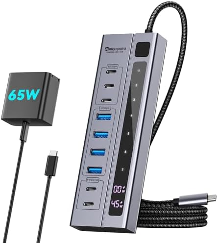 Elevate Your Tech Game with the Minisopuru 6-in-1 Powered USB C Hub – Experience Blazing 10 Gbps Data Transfer and Robust 45 W Charging for i Pad Pro, i Phone, Meta Quest Pro & More – Sleek and Compact Design with 72 W Adapter for Effortless Multi-Device Management