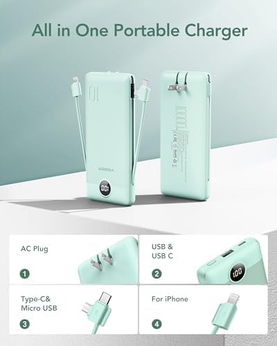 VEGER 10000 m Ah Slim Fast Charging Portable Power Bank with Built-In Cables and Wall Plug – Essential Travel Battery Pack for i Phone, i Pad, Samsung & More in Vibrant Green – Unmatched Convenience and Speed for Mobile Users
