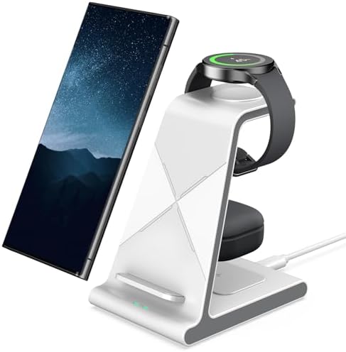Ultra-Fast 3-in-1 Wireless Charging Dock for Samsung Galaxy Devices – Sleek Space-Saving Charger for Galaxy S25 Ultra, S24, S23, Note 20, Z Flip 6 & Fold 6 – Efficient Power Station for Galaxy Watch Ultra/7/6/5 & Galaxy Buds Pro with Overheat Protection and Modern Design for Home or Office