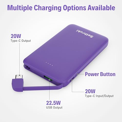 Ultra-Slim 20 W Fast Charging Power Bank with Built-in USB C Cable – 6000 m Ah Lightweight Portable Charger for i Phone 16, 15, Samsung & Android Devices – Essential Travel Battery Pack for On-the-Go Power Needs