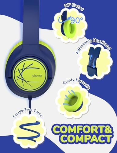 i Clever Kids Headphones: Safe 85 d B Volume Limit, Ergonomic Foldable Design, Superior Stereo Sound, 3.5 mm Jack Compatibility – Ideal for Travel, School & Home Use – Stylish Blue-Green for Boys & Girls