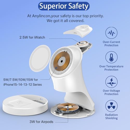 Magnetic 3-in-1 Wireless Charger Stand for i Phone 16/15/14/13/12, Apple Watch & Air Pods Pro – Fast Charging Dock with Intelligent Safety Features and Sleek Design for Effortless Device Organization