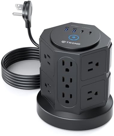 TROND Tower Surge Protector Power Strip – 14 Spacious Outlets & 4 Fast USB Ports (2 USB-C) – 2100 Joules Surge Defense – 6 Feet Versatile Extension Cord for Home Office & Dorm Setup – Streamlined Design for Optimal Charging Efficiency and Device Safety