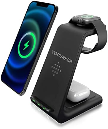 YOCUNKER 3-in-1 Qi Wireless Charging Dock – Efficient Space-Saving Solution for i Phone 14/13/12/11 Pro Max, Apple Watch Series 7/SE/6/5/4/3/2 & Air Pods 3/Pro/2 – Fast, Reliable Power with Enhanced Safety Features – Streamline Your Charging Experience and Declutter Your Workspace with This Sleek, Compact Design