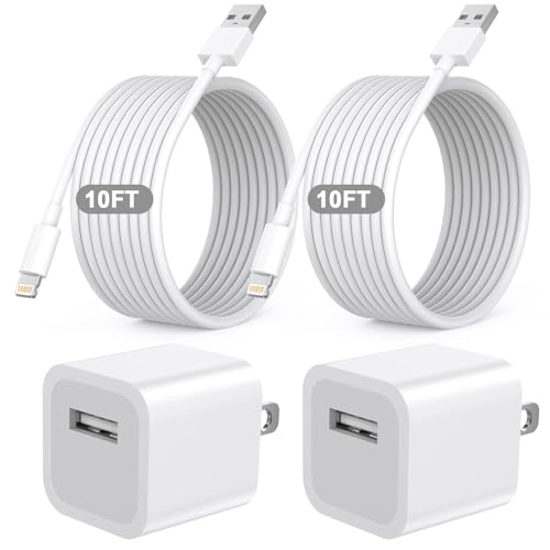 Lezaface 10 FT MFi Certified i Phone Charging Bundle – Dual Pack Lightning Cable and USB Wall Adapter for Rapid Charge & Data Syncing – Perfect Compatibility for i Phone 14/13/12/11/Mini/XS/Max/XR/X/8/7/SE – Ultimate Flexibility with Durable Design for Home, Office, and Travel Use