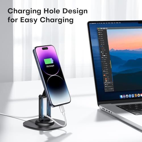 OMOTON 360°Rotating Magnetic Phone Stand for Desk, Adjustable Foldable Aluminum for MagSafe Cell Phone Stand Holder with Non-Slip Base, for iPhone 16/15/14/13 Pro Max/MagSafe Case- Black – Enhanced Compatibility and Speed