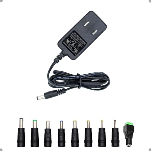 Universal 12 V 12 W AC/DC Power Supply Adapter with 5 FT Cord – Versatile Power Solution Featuring 9 Interchangeable Jacks for Seamless Connectivity – Perfect for LED Strip Lights, Bluetooth Speakers, GPS Devices, Webcams, and Routers – Reliable and Efficient Performance for Home and Office Use
