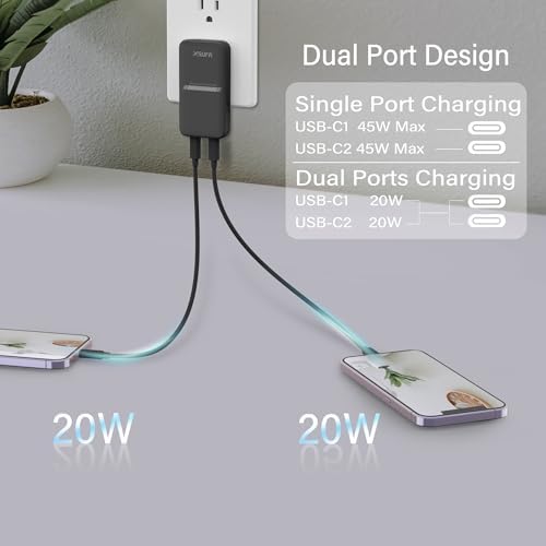 Compact 45 W Dual USB-C Wall Charger with Ga N Technology – Super Fast Charging Adapter for Laptops, Smartphones, and Tablets – Ideal Travel Companion with Folding Plug Design – Enhanced Power Delivery 3.0 for Samsung Galaxy and More – Lightweight and Efficient Charging Solution