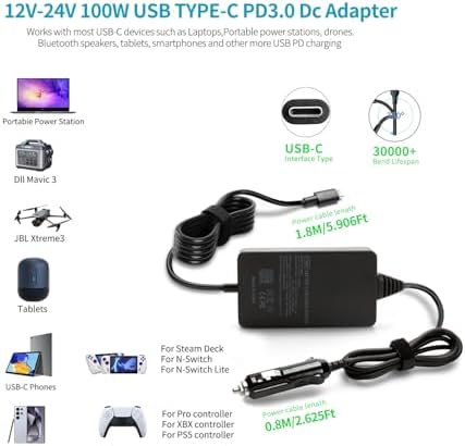 Ultra-Universal 100 W USB-C Car Charger for Laptops and Devices – Fast Charge Your Mac Book, Dell, HP, Lenovo, Asus, Google & More – Compatible with 12 V/24 V Vehicles, Enhanced Safety Features, and 12-Month Warranty – One Charger for All Your Devices!