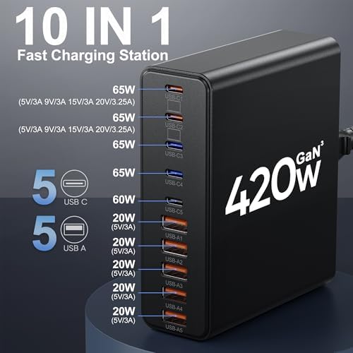 Ultimate 420 W Ga N Multi-Device Charging Hub – 10-Port USB C & A Wall Charger for Mac Book, i Phone, i Pad, Dell XPS, and Samsung Galaxy – Rapid Smart Charging Station with Advanced Safety Features for Efficient Power Management