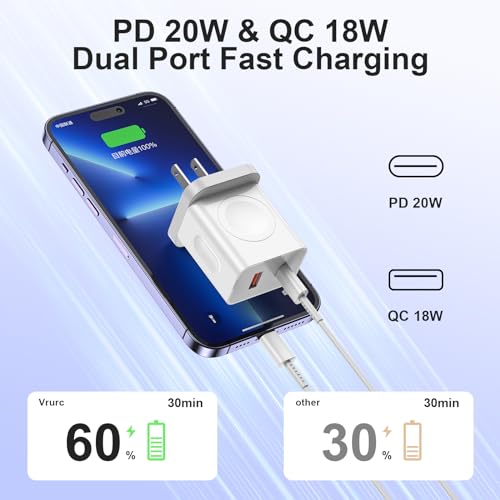 Ultimate 20 W Magnetic Wireless Charger for Apple Watch & i Phone – 3-in-1 Fast Charging Block with Dual USB-C Ports for Seamless Travel Power Solutions – Fully Compatible with All Apple Watch Models and i Phone Devices