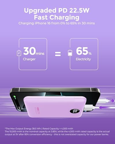 VEEKTOMX Compact 10000 m Ah Mini Power Bank – Ultra-Fast PD 22.5 W USB-C Charger for i Phone, Samsung, Google Pixel – Stylish Purple Travel Essential for On-the-Go Power and Versatile Device Compatibility