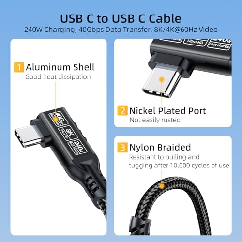 USB C 90 Degree Right Angle Cable 3.3ft 2-Pack, 240W PD Fast Charging 40Gbps Data Transfer 8K/4K Video USB C Cable for Thunderbolt 4/3 MacBook for iPhone 15 iPad Samsung Galaxy Other Type C Devices – Enhanced Compatibility and Speed