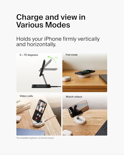 Belkin 15 W Fast Convertible Magnetic Charging Stand – Mag Safe & Qi2 Compatible Power Hub for i Phone 16/16 Plus/16 Pro/16 Pro Max, i Phone 15/14, Apple Air Pods Pro – Stylish White Design for Enhanced Efficiency and Device Versatility