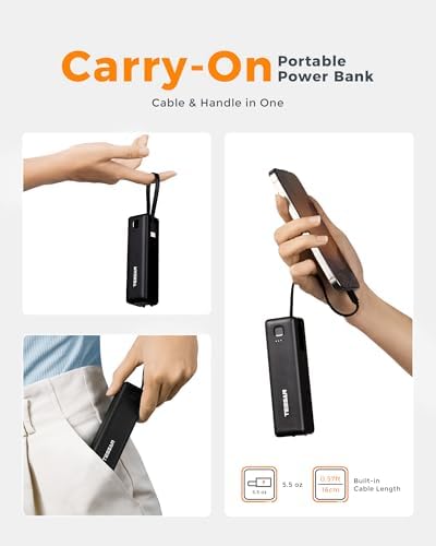 TESSAN 3-in-1 Portable Power Bank Charger – 20 W Fast Charging with Built-In USB-C Cable, 5000 m Ah Capacity, AC Outlet Compatibility for i Phone 16/15, Samsung, and Tablets – Ultimate Travel Charging Solution for Dual Device Power Needs
