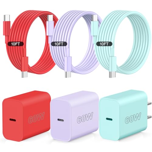 Ultra-Fast 60 W USB-C Charger Set – 3-Pack with 10 FT Charging Cables for i Phone 15/16 Pro/Max/Plus, i Pad Air/Pro, Samsung Devices – High-Speed Charging in Vibrant Red, Purple, Green – Maximum Compatibility & Convenience for On-the-Go Power Solutions