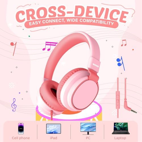MIDOLA Kids Over-Ear Headphones: Safe Audio Experience with Noise Limitation, Foldable & Travel-Friendly Design, Custom Volume Control (85/110 d B), Built-In Microphone, and AUX Compatibility for School, Gaming, and Family Adventures in Sleek Black