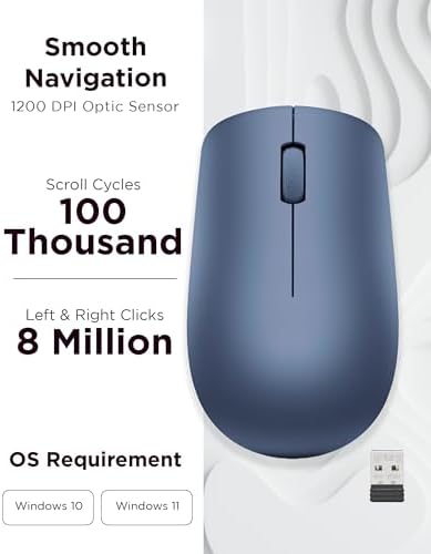 Lenovo 530 Wireless Mouse – Ergonomic Abyss Blue Design with 2.4 GHz Nano USB Receiver, 1200 DPI Optical Sensor for Precision Tracking, Lightweight & Portable for Effortless Navigation, Ideal for Left & Right-Handed Users, Perfect Companion for Work or Travel