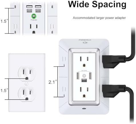 Maximize Your Charging Efficiency with the POWRUI 6-Outlet Extender & USB Wall Charger – Versatile Surge Protector with Dual 2.4 A USB Ports, Integrated Night Light, 3-Sided Design for Optimal Space Utilization, ETL Certified Safety, Ideal for Home and Office Use