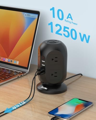 Ultimate Surge Protector Power Strip Tower: 8 AC Outlets, 4 USB Ports (Including 1 USB-C), 10 ft Flat Extension Cord – Versatile Charging Station for Home, Office or Dorm Use – Space-Saving Design with Advanced Surge Protection and Fast Charging Capabilities
