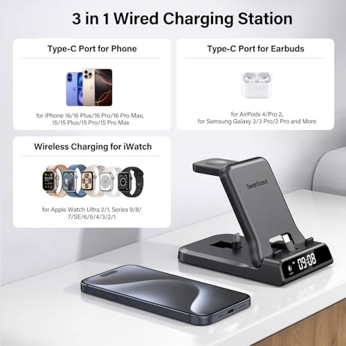 Swan Scout 701 A 3-in-1 Fast Charging Dock: 25 W Multi-Device Power Hub for i Phone 14 Pro Max/13/12/11/X/8 Plus, Apple Watch Series 9/8/7/6 & Air Pods – Stylish, Efficient Charging Station for Home & Office Organization