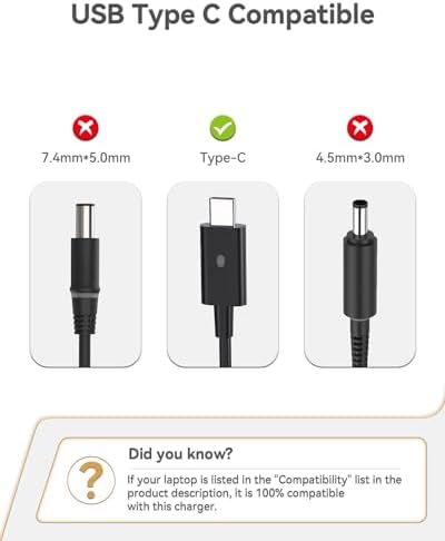 65 W USB-C Laptop Charger for Dell – Fast Charging Power Adapter for Latitude 5420/5520 & XPS 12/13 Series – Advanced Power Delivery with Universal Compatibility – Reliable Replacement Power Cord for Efficient Device Charging