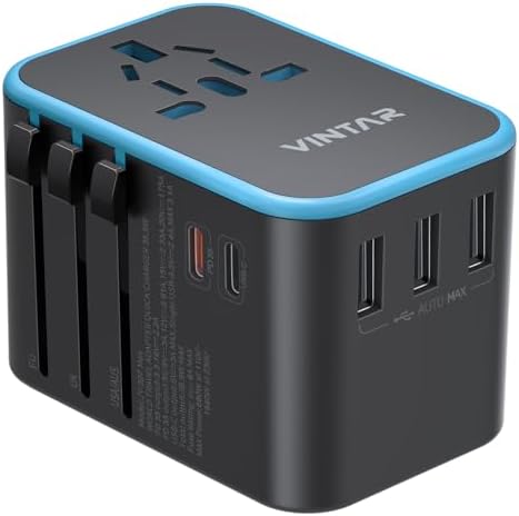 VINTAR Universal Travel Adapter: All-in-One Power Converter with 6 A Output, 3 USB-C and 2 USB Ports for Fast Global Charging Across Europe, UK, USA, and Australia – Essential Travel Accessory for Effortless Device Connectivity and Safety Features