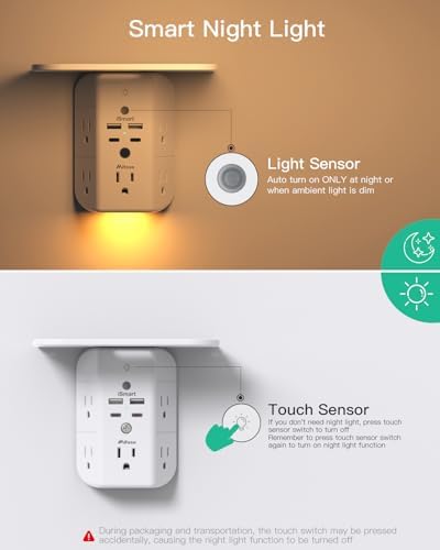 Revolutionary Wall Outlet Extender with Integrated Shelf & Adjustable Night Light – 5 USB Ports Including Rapid USB-C Charging, Surge Protection, and Compact Design for Enhanced Organization and Efficiency