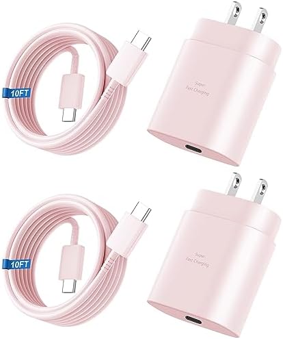 High-Speed 25 W Type C Wall Charger for Samsung Galaxy S25 Series – Includes Dual 10 FT USB-C Cables for Enhanced Flexibility and Safety – Lightning-Fast Charging with Compact Design for Travel Enthusiasts and Everyday Users