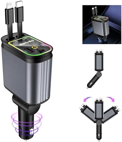 Universal Retractable Car Charger – 4-in-1 Fast Charging Solution for i Phone, Galaxy, Pixel – USB-C & USB-A Compatibility for Ultimate Convenience on the Go