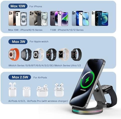 Revolutionary 3-in-1 Wireless Charger Hub for i Phone, Apple Watch & Air Pods – 10 W Fast Charging, 360-Degree Rotating Zinc Alloy Design, Foldable & Magnetic for Ultimate Convenience and Compatibility with i Phone 12-16 Series