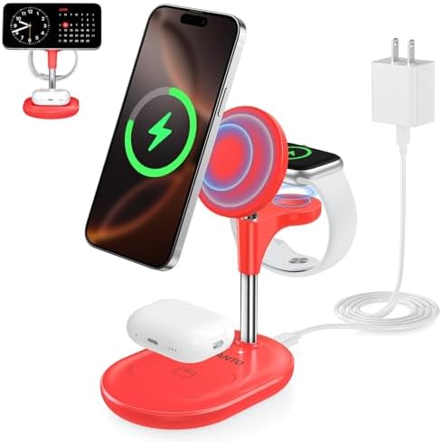 All-in-One Wireless Charging Station for Apple Devices – 15 W Fast Qi-Certified Mag-Safe Charger for i Phone 16, 15, 14, 13, 12, Apple Watch & Air Pods – Adjustable Viewing Angle, Ideal Gift for Women – Enhance Your Charging Efficiency and Style