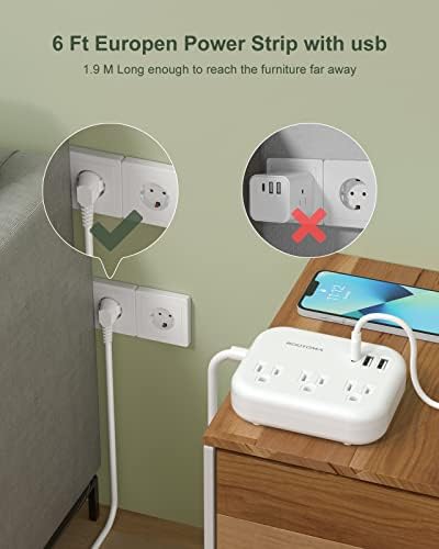 ROOTOMA 6 ft International Power Strip with 3 American Outlets & 3 USB Chargers – Essential US to EU Travel Adapter for Seamless Connectivity in Spain, France, Germany, Iceland – Compact & Durable Design for Travelers